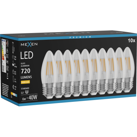 Mexen Vintis 10x ampoule filament LED E27, C35, 6W, Chaude - 2700K, 720 lm, claire - L154-E27-0627-00x10