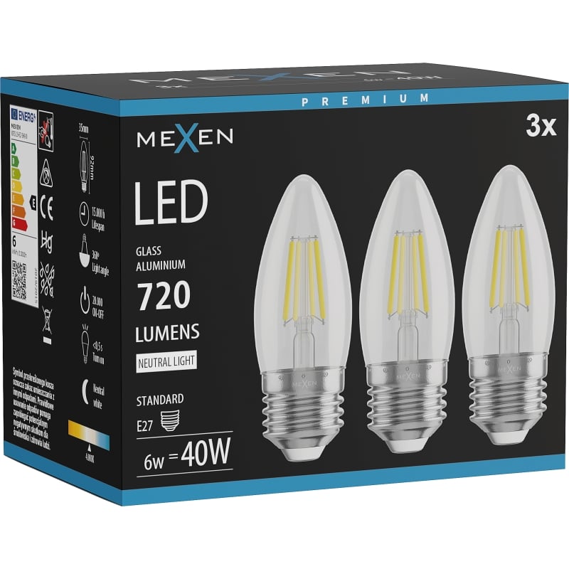 Mexen Vintis 3x Ampoule filament LED E27, C35, 6W, Neutre - 4000K, 720 lm, transparente - L154-E27-0640-00x03