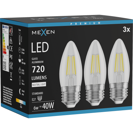 Mexen Vintis 3x Ampoule filament LED E27, C35, 6W, Neutre - 4000K, 720 lm, transparente - L154-E27-0640-00x03
