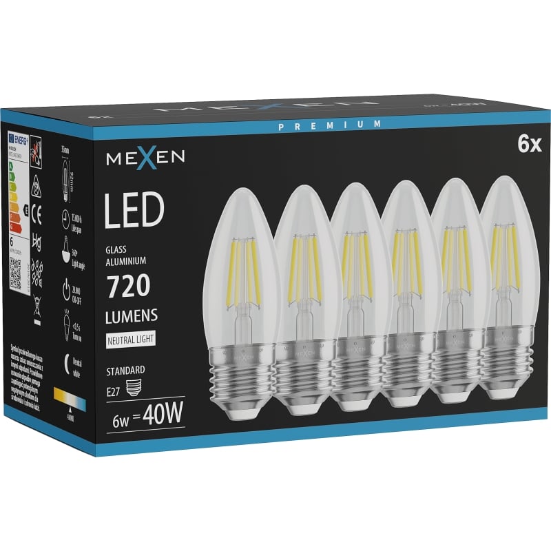 Mexen Vintis 6x Ampoule filament LED E27, C35, 6W, Neutre - 4000K, 720 lm, claire - L154-E27-0640-00x06