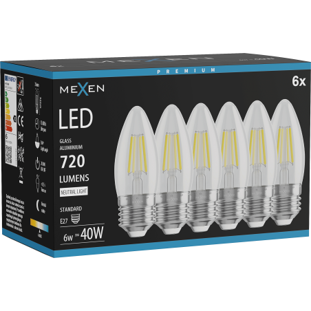 Mexen Vintis 6x Ampoule filament LED E27, C35, 6W, Neutre - 4000K, 720 lm, claire - L154-E27-0640-00x06