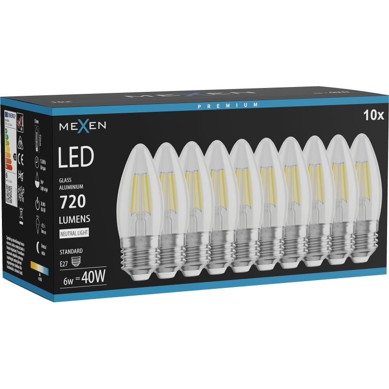 Mexen Vintis 10x Ampoule LED filament E27, C35, 6W, Neutre - 4000K, 720 lm, transparent - L154-E27-0640-00x10