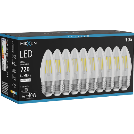 Mexen Vintis 10x Ampoule LED filament E27, C35, 6W, Neutre - 4000K, 720 lm, transparent - L154-E27-0640-00x10