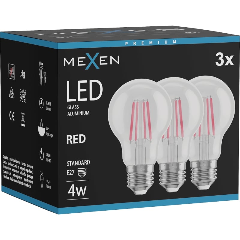 Mexen Vintis 3x Ampoule filament LED E27, A60, 4W, 55 lm, rouge - L150-E27-04XX-45x03