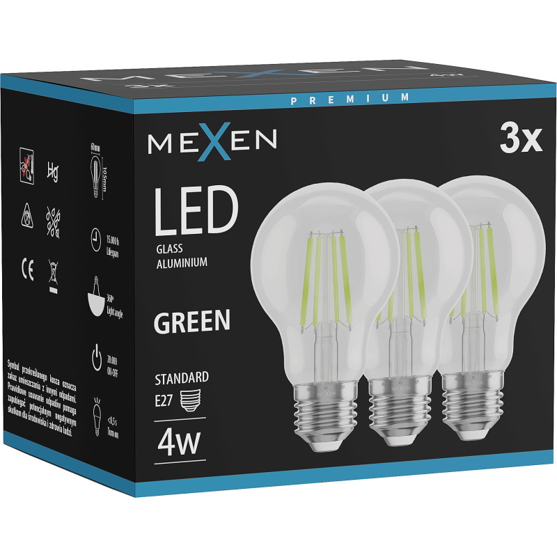 Mexen Vintis 3x ampoule filament LED E27, A60, 4W, 55 lm, vert - L150-E27-04XX-46x03