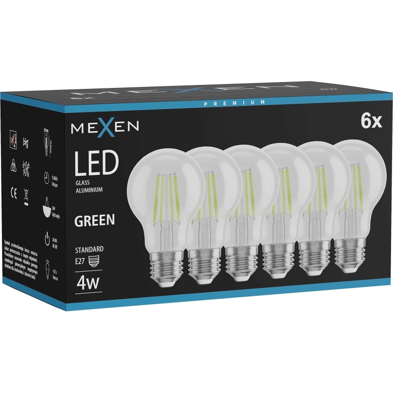 Mexen Vintis 6x Ampoule filament LED E27, A60, 4W, 55 lm, vert - L150-E27-04XX-46x06