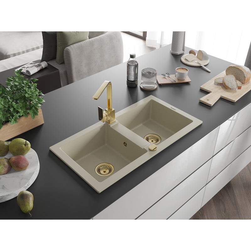 Mexen Mario évier en granit 2 bacs avec robinet de cuisine Rita, beige - 6504-69-670300-50