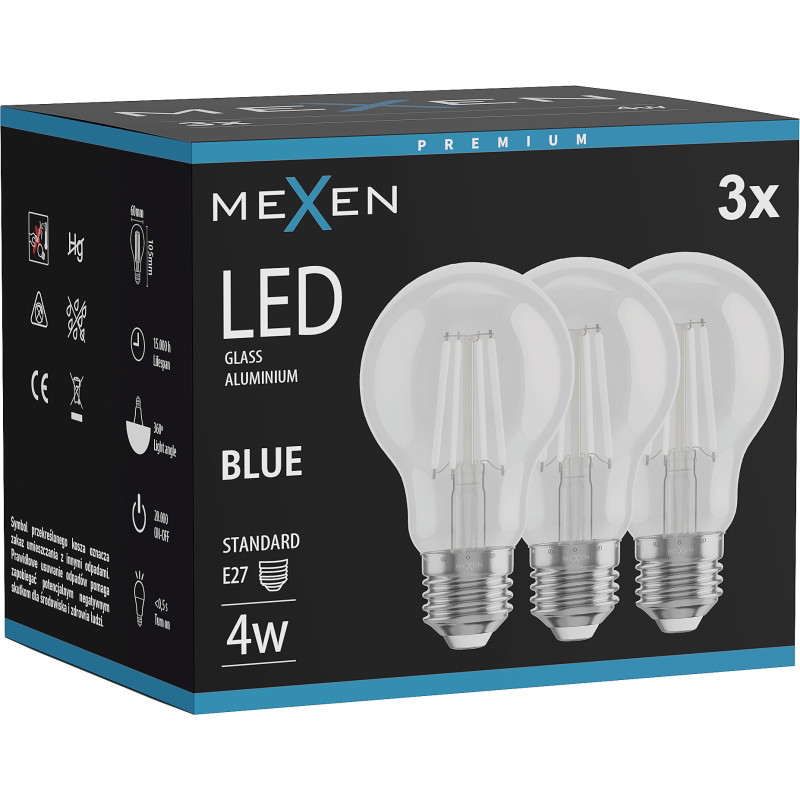 Mexen Vintis 3x Ampoule filament LED E27, A60, 4W, 55 lm, bleue - L150-E27-04XX-47x03