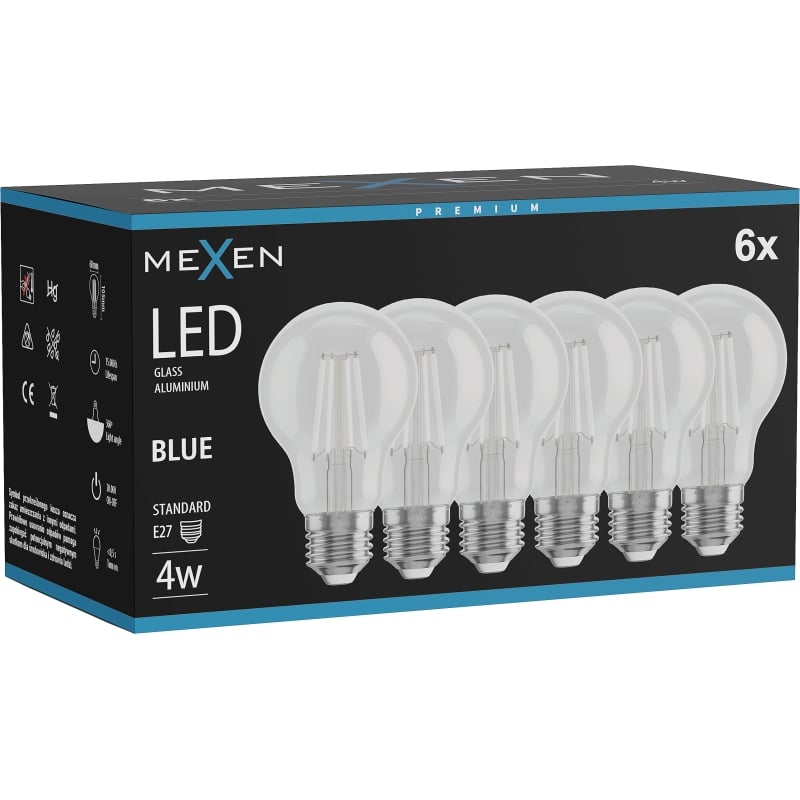 Mexen Vintis 6x Ampoule à filament LED E27, A60, 4W, 55 lm, bleu - L150-E27-04XX-47x06