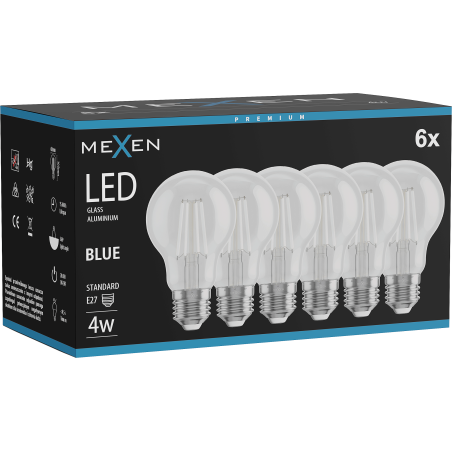 Mexen Vintis 6x Ampoule à filament LED E27, A60, 4W, 55 lm, bleu - L150-E27-04XX-47x06