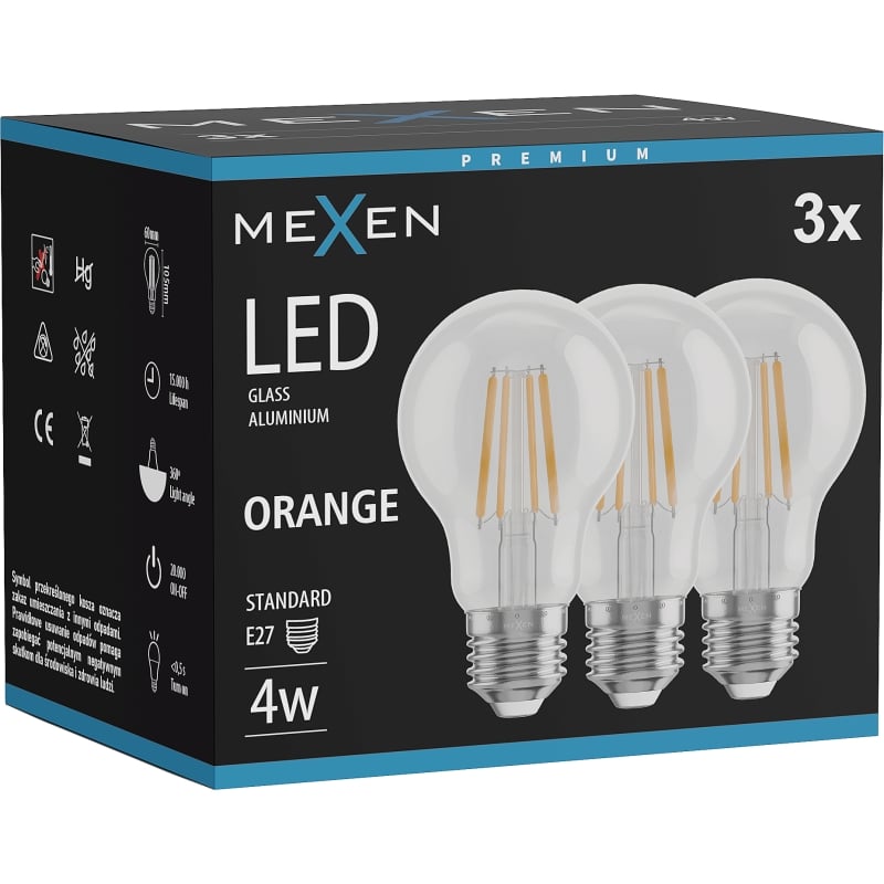 Mexen Vintis 3x Ampoule filament LED E27, A60, 4W, 55 lm, orange - L150-E27-04XX-48x03