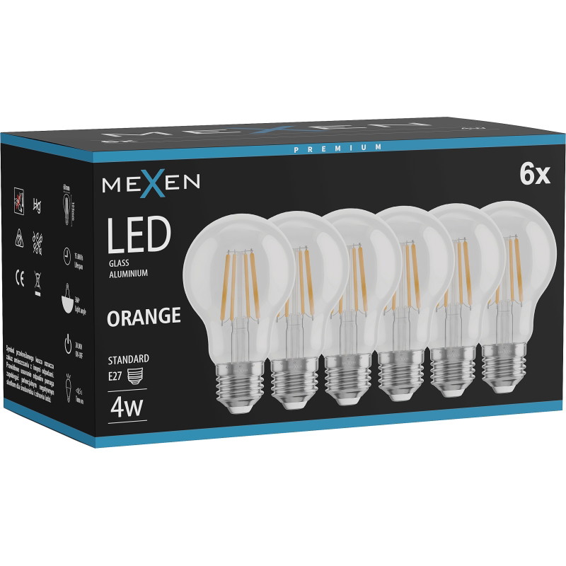 Mexen Vintis 6x Ampoule à filament LED E27, A60, 4W, 55 lm, orange - L150-E27-04XX-48x06
