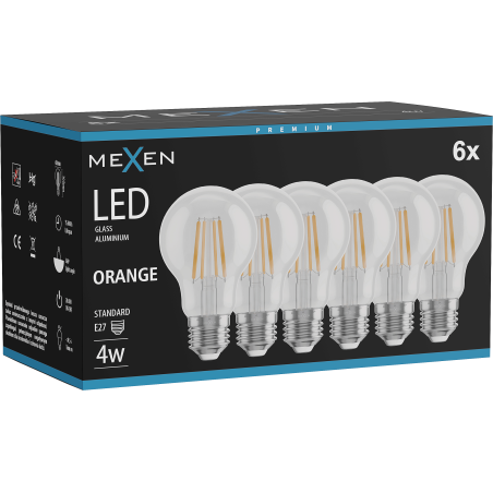Mexen Vintis 6x Ampoule à filament LED E27, A60, 4W, 55 lm, orange - L150-E27-04XX-48x06