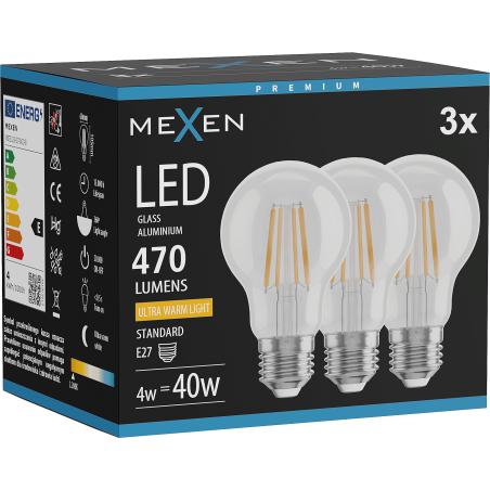 Mexen Vintis 3x Ampoule filament LED E27, A60, 4W, Chaude - 2200K, 470 lm, transparent - L150-E27-0422-00x03