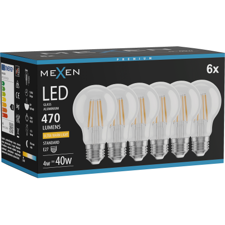 Mexen Vintis 6x Ampoule filament LED E27, A60, 4W, Chaude - 2200K, 470 lm, claire - L150-E27-0422-00x06
