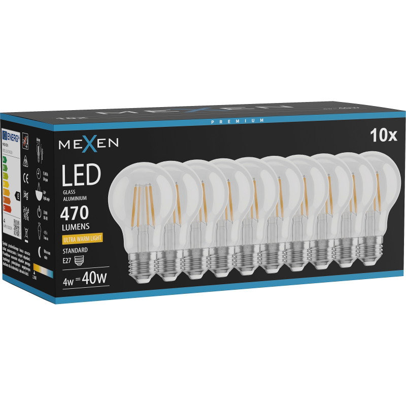 Mexen Vintis 10x Ampoule à filament LED E27, A60, 4W, Chaude - 2200K, 470 lm, clair - L150-E27-0422-00x10
