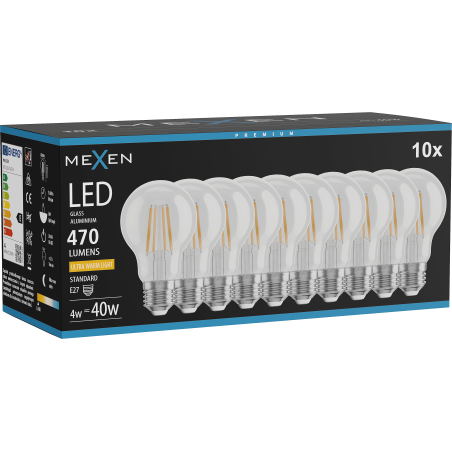 Mexen Vintis 10x Ampoule à filament LED E27, A60, 4W, Chaude - 2200K, 470 lm, clair - L150-E27-0422-00x10
