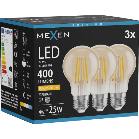 Mexen Vintis 3x Ampoule filament LED E27, A60, 4W, Chaude - 2200K, 400 lm, ambre - L150-E27-0422-50x03