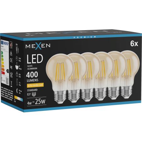Mexen Vintis 6x Ampoule filament LED E27, A60, 4W, Chaude - 2200K, 400 lm, ambre - L150-E27-0422-50x06