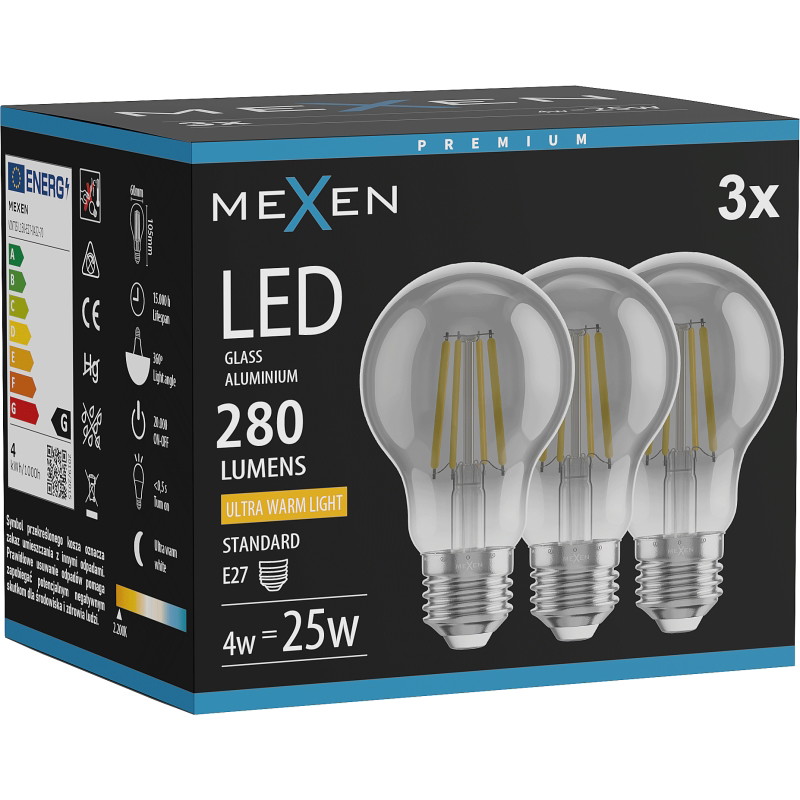 Mexen Vintis 3x Ampoule filament LED E27, A60, 4W, Chaude - 2200K, 280 lm, fumée - L150-E27-0422-70x03