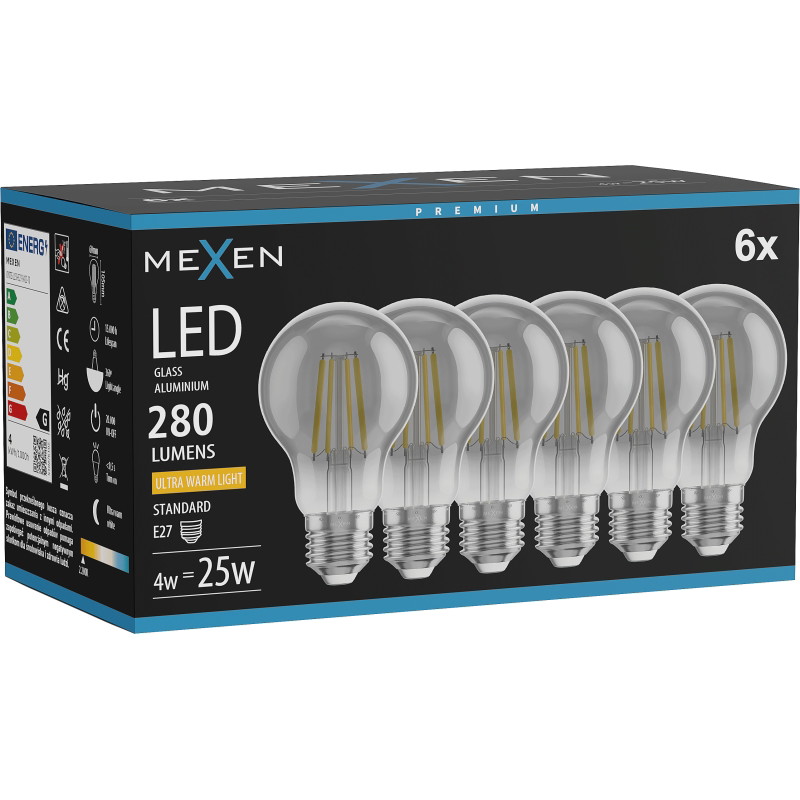 Mexen Vintis 6x Ampoule filament LED E27, A60, 4W, Chaude - 2200K, 280 lm, fumée - L150-E27-0422-70x06