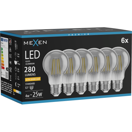 Mexen Vintis 6x Ampoule filament LED E27, A60, 4W, Chaude - 2200K, 280 lm, fumée - L150-E27-0422-70x06