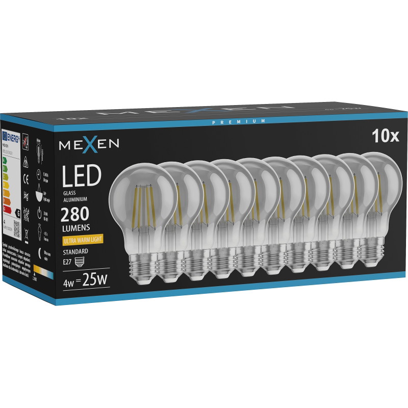 Mexen Vintis 10x Ampoule filament LED E27, A60, 4W, Chaude - 2200K, 280 lm, fumée - L150-E27-0422-70x10