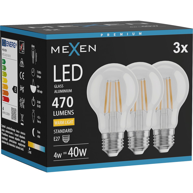 Mexen Vintis 3x Ampoule filament LED E27, A60, 4W, Chaude - 2700K, 470 lm, transparent - L150-E27-0427-00x03