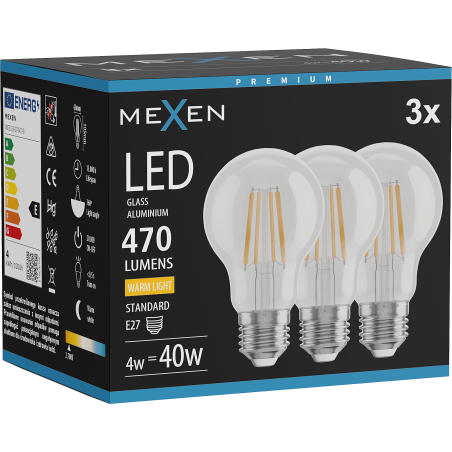 Mexen Vintis 3x Ampoule filament LED E27, A60, 4W, Chaude - 2700K, 470 lm, transparent - L150-E27-0427-00x03