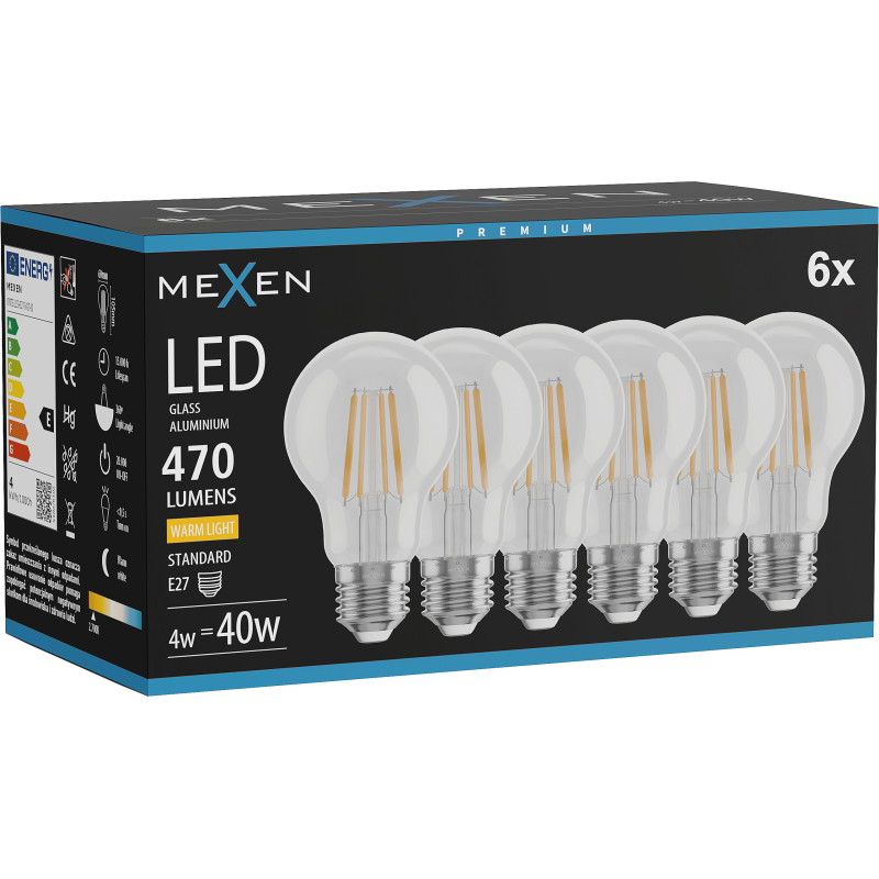 Mexen Vintis 6x ampoule LED filament E27, A60, 4W, Chaude - 2700K, 470 lm, clair - L150-E27-0427-00x06