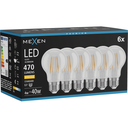 Mexen Vintis 6x ampoule LED filament E27, A60, 4W, Chaude - 2700K, 470 lm, clair - L150-E27-0427-00x06
