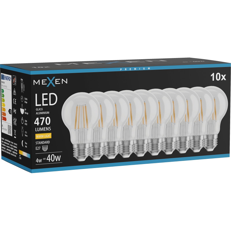 Mexen Vintis 10x Ampoule à filament LED E27, A60, 4W, Chaude - 2700K, 470 lm, claire - L150-E27-0427-00x10