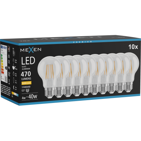Mexen Vintis 10x Ampoule à filament LED E27, A60, 4W, Chaude - 2700K, 470 lm, claire - L150-E27-0427-00x10