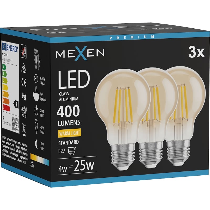 Mexen Vintis 3x Ampoule à filament LED E27, A60, 4W, Chaude - 2700K, 400 lm, ambre - L150-E27-0427-50x03