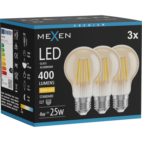 Mexen Vintis 3x Ampoule à filament LED E27, A60, 4W, Chaude - 2700K, 400 lm, ambre - L150-E27-0427-50x03