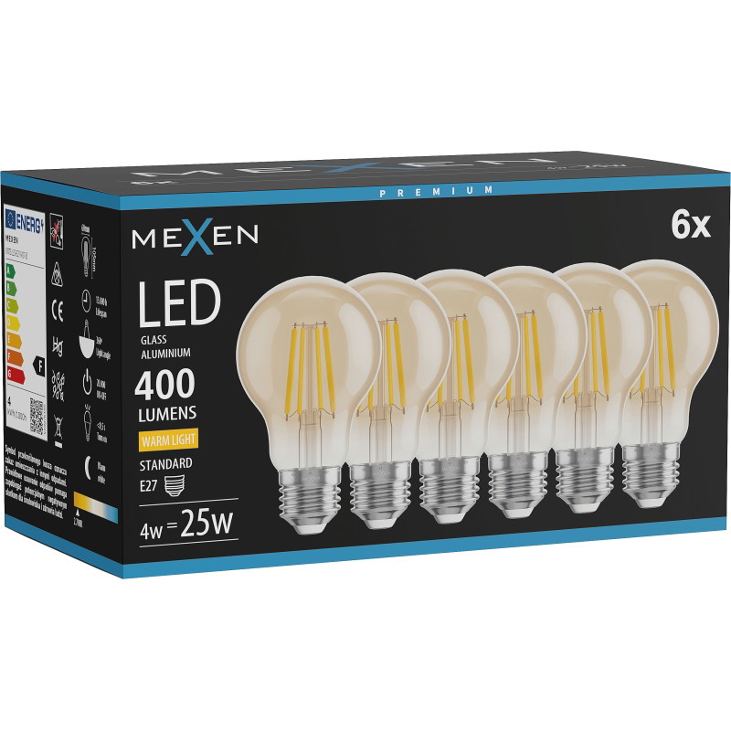 Mexen Vintis 6x Ampoule à filament LED E27, A60, 4W, Chaude - 2700K, 400 lm, ambre - L150-E27-0427-50x06