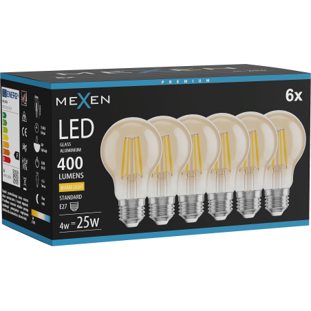 Mexen Vintis 6x Ampoule à filament LED E27, A60, 4W, Chaude - 2700K, 400 lm, ambre - L150-E27-0427-50x06