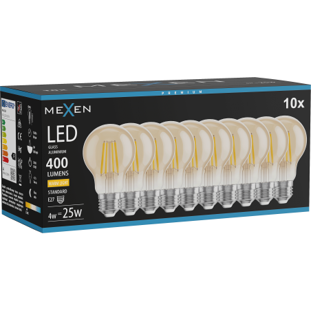 Mexen Vintis 10x Ampoule filament LED E27, A60, 4W, Chaude - 2700K, 400 lm, ambre - L150-E27-0427-50x10