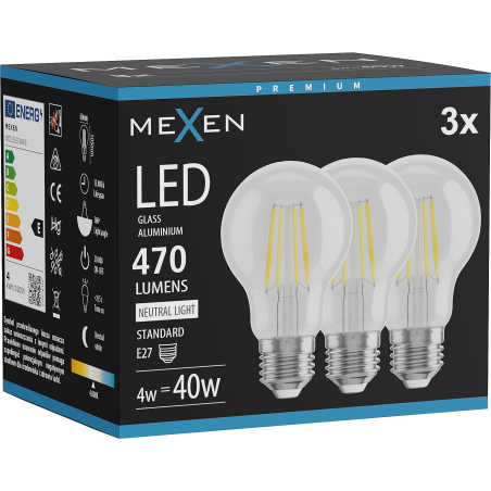 Mexen Vintis 3x Ampoule filament LED E27, A60, 4W, Neutre - 4000K, 470 lm, clair - L150-E27-0440-00x03