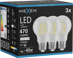 Mexen Vintis 3x Ampoule filament LED E27, A60, 4W, Neutre - 4000K, 470 lm, clair - L150-E27-0440-00x03