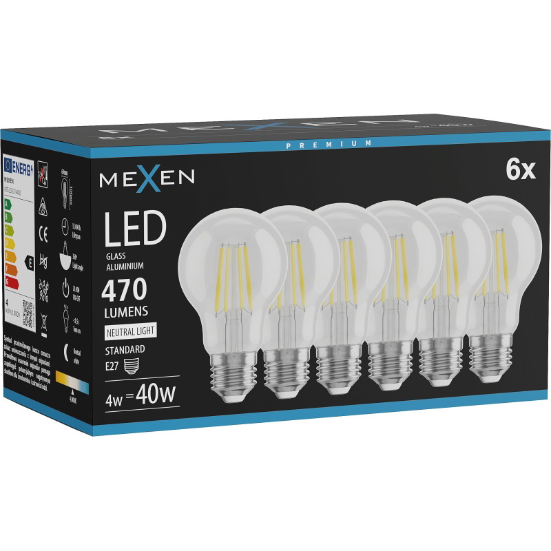 Mexen Vintis 6x Ampoule filament LED E27, A60, 4W, Neutre - 4000K, 470 lm, clair - L150-E27-0440-00x06
