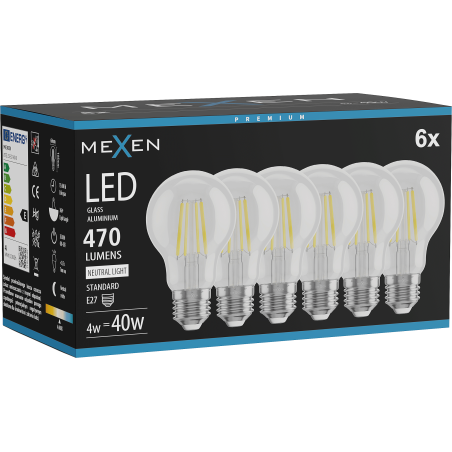 Mexen Vintis 6x Ampoule filament LED E27, A60, 4W, Neutre - 4000K, 470 lm, clair - L150-E27-0440-00x06