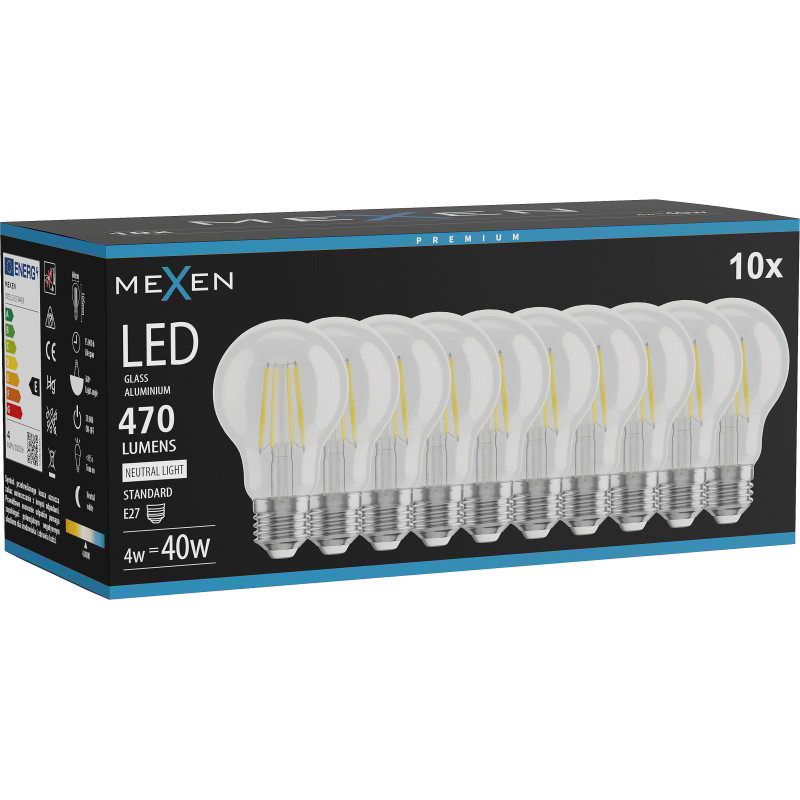 Mexen Vintis 10x ampoule filament LED E27, A60, 4W, Neutre - 4000K, 470 lm, transparent - L150-E27-0440-00x10