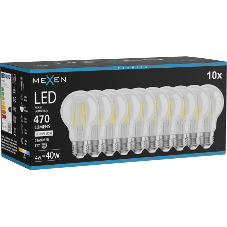 Mexen Vintis 10x ampoule filament LED E27, A60, 4W, Neutre - 4000K, 470 lm, transparent - L150-E27-0440-00x10