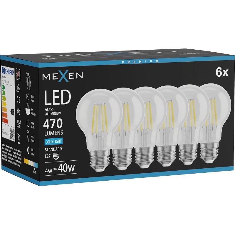 Mexen Vintis 6x Ampoule LED filament E27, A60, 4W, Froid - 6500K, 470 lm, clair - L150-E27-0465-00x06