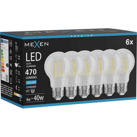 Mexen Vintis 6x Ampoule LED filament E27, A60, 4W, Froid - 6500K, 470 lm, clair - L150-E27-0465-00x06