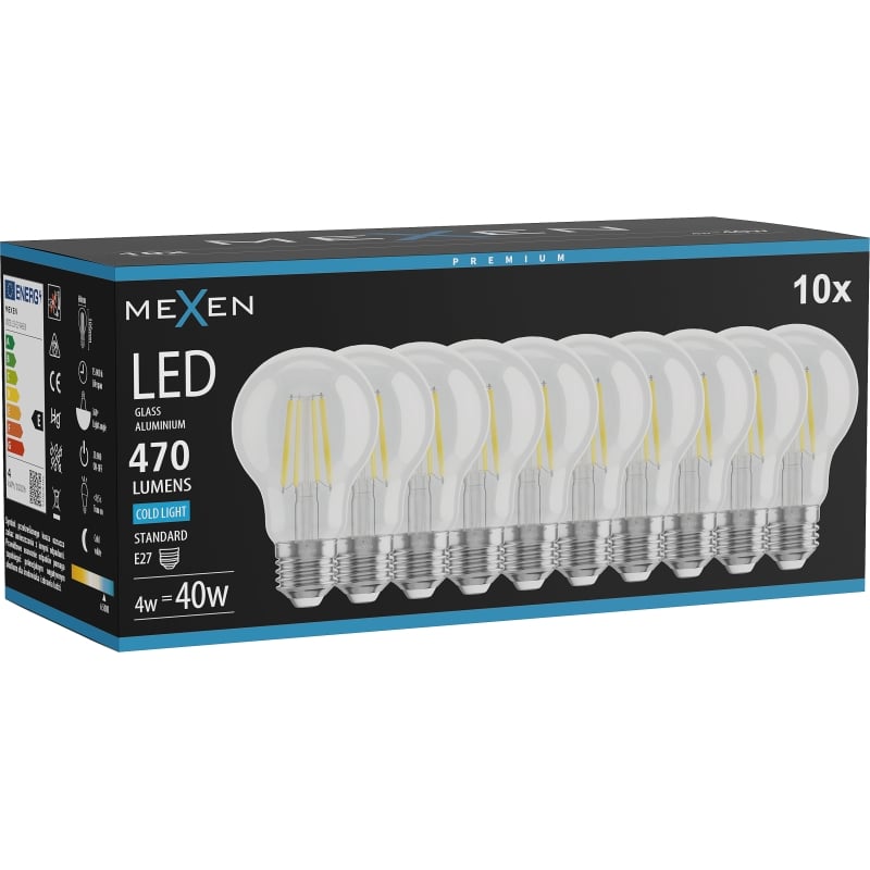 Mexen Vintis 10x ampoule à filament LED E27, A60, 4W, froide - 6500K, 470 lm, transparente - L150-E27-0465-00x10