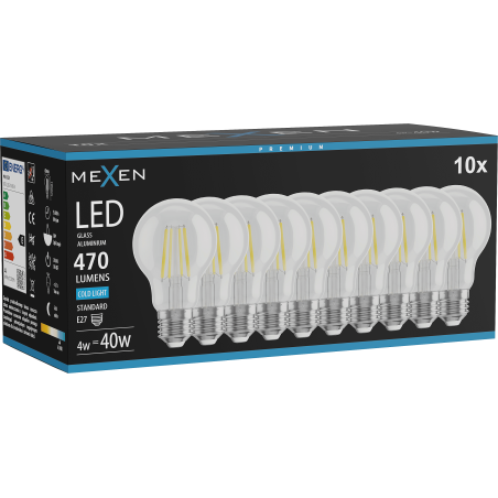 Mexen Vintis 10x ampoule à filament LED E27, A60, 4W, froide - 6500K, 470 lm, transparente - L150-E27-0465-00x10