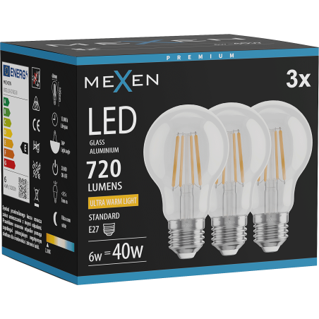 Mexen Vintis 3x ampoule filament LED E27, A60, 6W, Chaude - 2200K, 720 lm, clair - L150-E27-0622-00x03