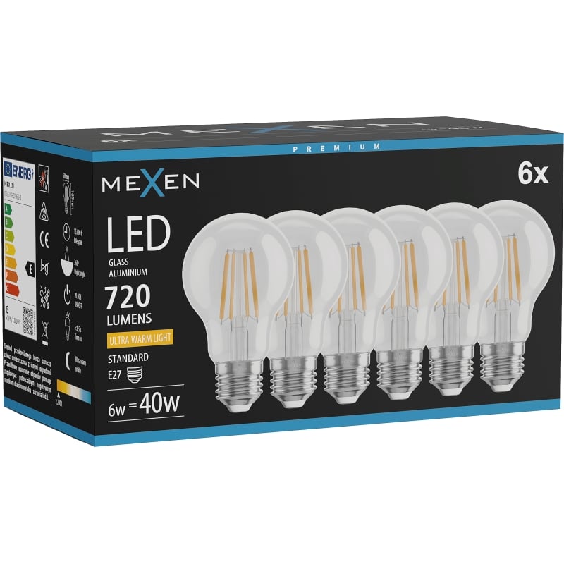 Mexen Vintis 6x Ampoule filament LED E27, A60, 6W, Chaude - 2200K, 720 lm, clair - L150-E27-0622-00x06